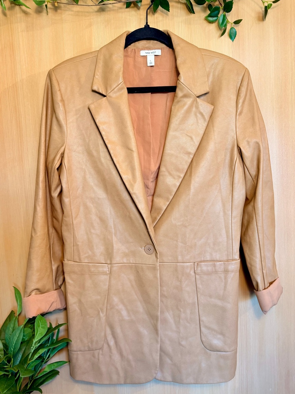 Nine West Camel Faux Leather Single-Button Blazer